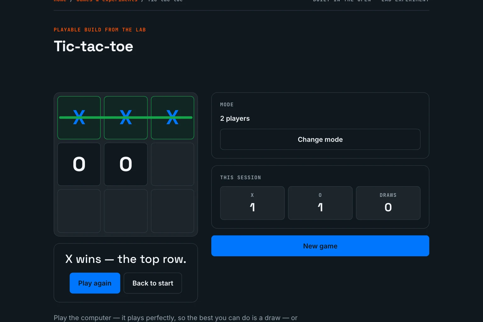 The fixed result screen: a green line through three X marks on the top row, fully visible, with the 'X wins — the top row.' card and its Play again and Back to start buttons placed below the board.