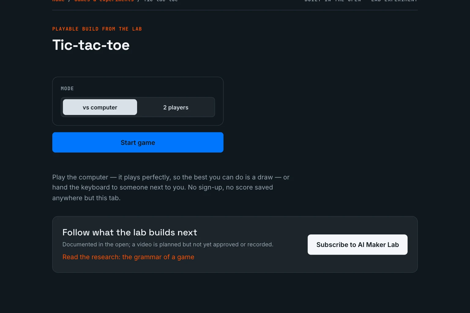 The current game's opening screen: a mode choice between playing the computer or two players, and a Start game button, with no board shown yet.