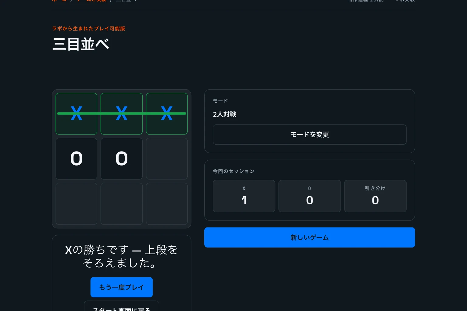 修正後の結果画面。上段の3つのXを貫く緑の線がすべて見え、「Xの勝ちです — 上段をそろえました。」のカードと「もう一度プレイ」「スタート画面に戻る」ボタンが盤面の下に置かれています。