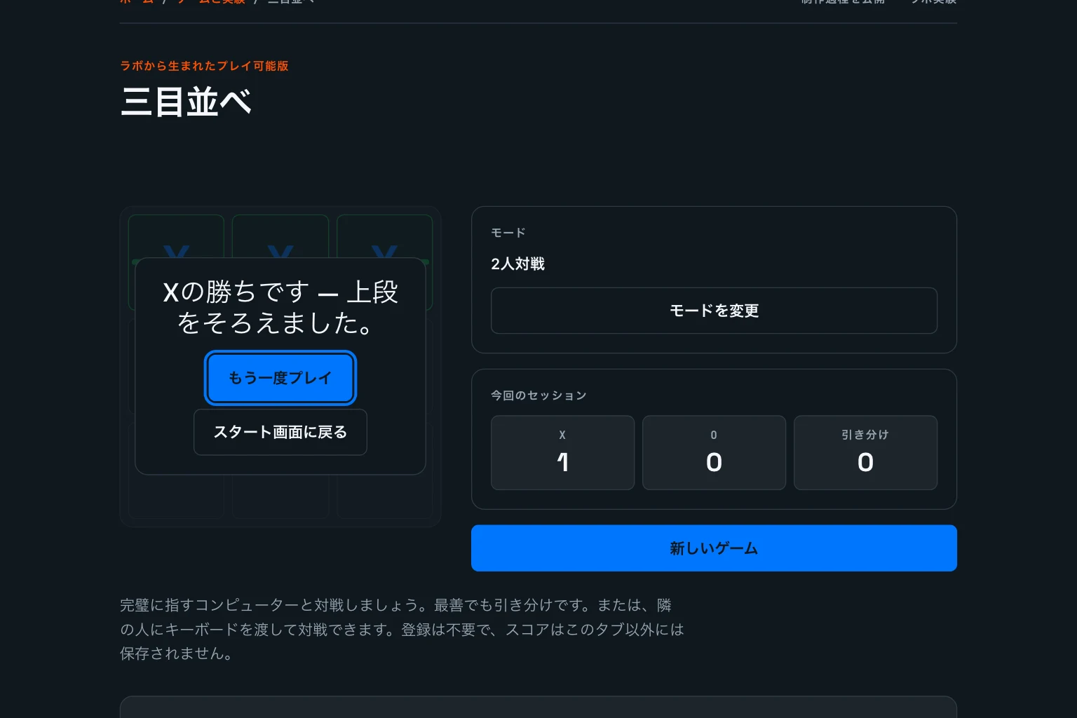 最初の作り直し版の結果画面。「Xの勝ちです — 上段をそろえました。」と書かれたカードと「もう一度プレイ」「スタート画面に戻る」ボタンが盤面の上に重なり、3つのXを貫く緑の線を覆って暗くしています。