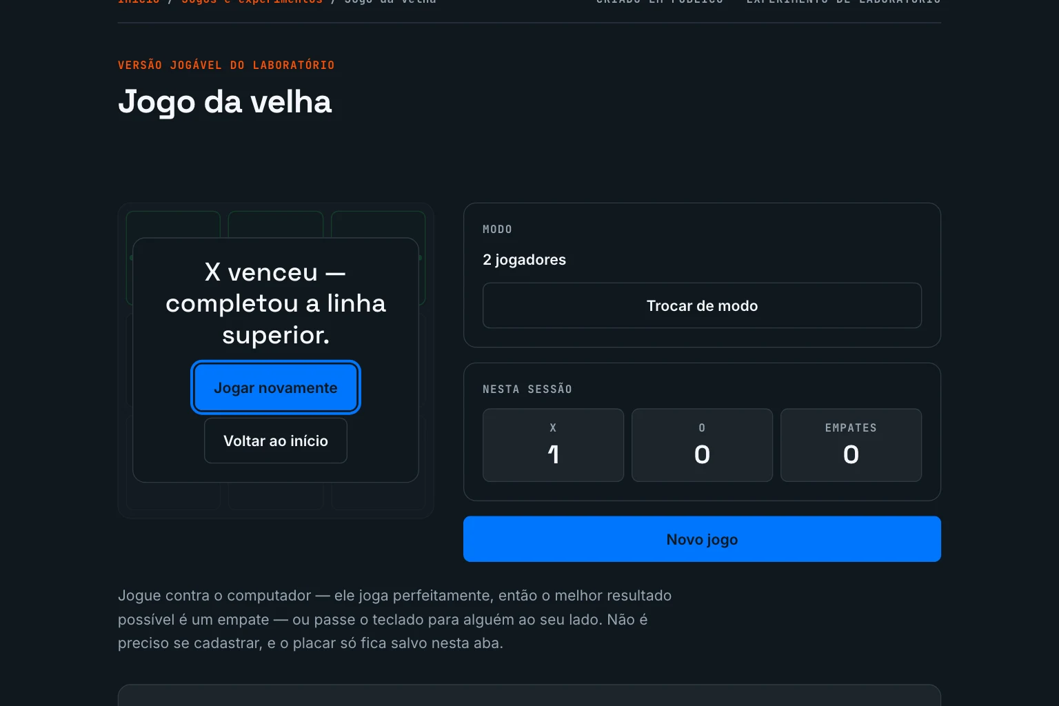 A tela de resultado da primeira reconstrução: um cartão com 'X venceu — completou a linha superior.' e os botões Jogar novamente e Voltar ao início fica sobre o tabuleiro, cobrindo e escurecendo a linha verde que atravessa os três X.