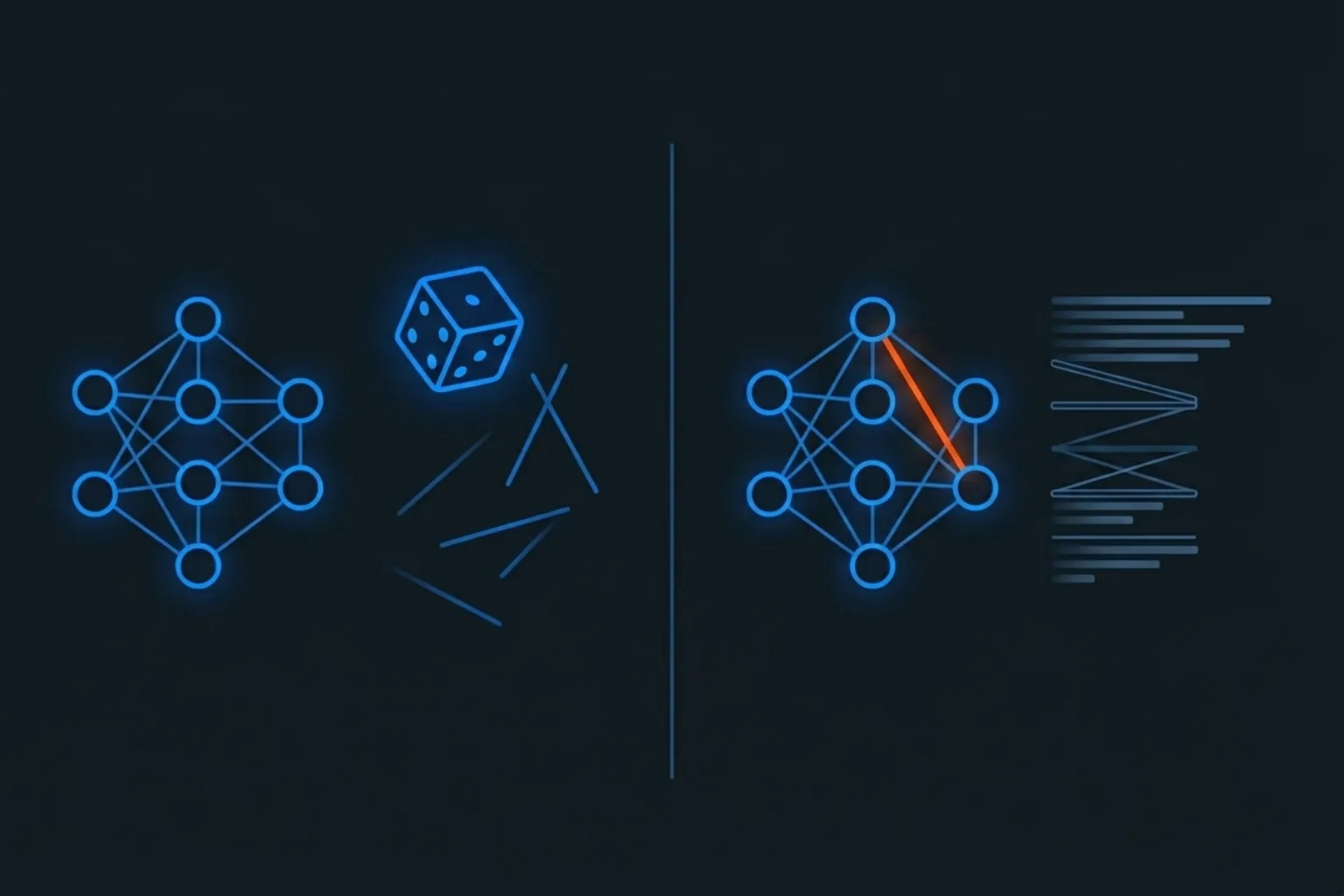 Two dark panels: on the left a cyan network graph with a die scattering equally weighted candidate edits, on the right the same graph with one orange edit ranked above faintly scored alternatives.