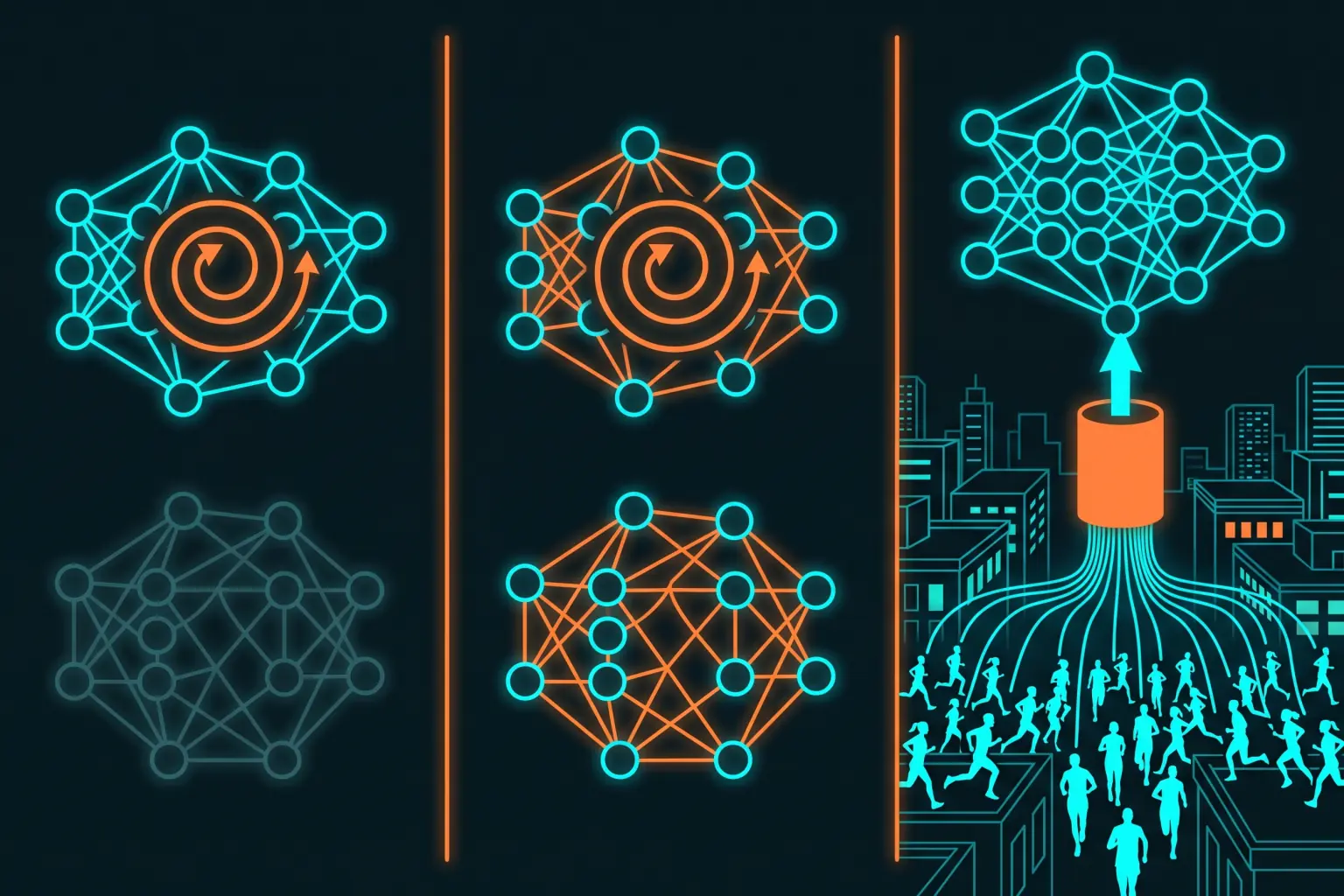 Three dark panels: a cyan neural network learning then fading back to its original form, the same network keeping its learned orange connections, and a crowd of cyan rooftop runners feeding one shared orange buffer that trains a single larger network.
