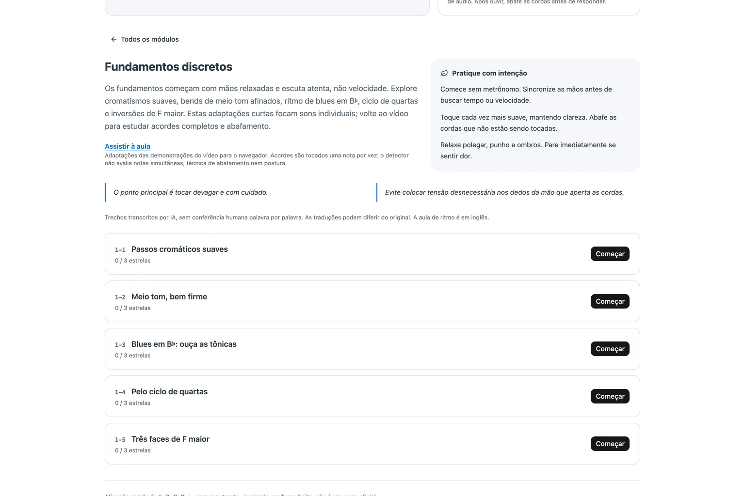 Tela de módulo com cinco exercícios e espaços para estrelas, além dos avisos sobre acordes adaptados nota a nota e trechos transcritos por inteligência artificial.
