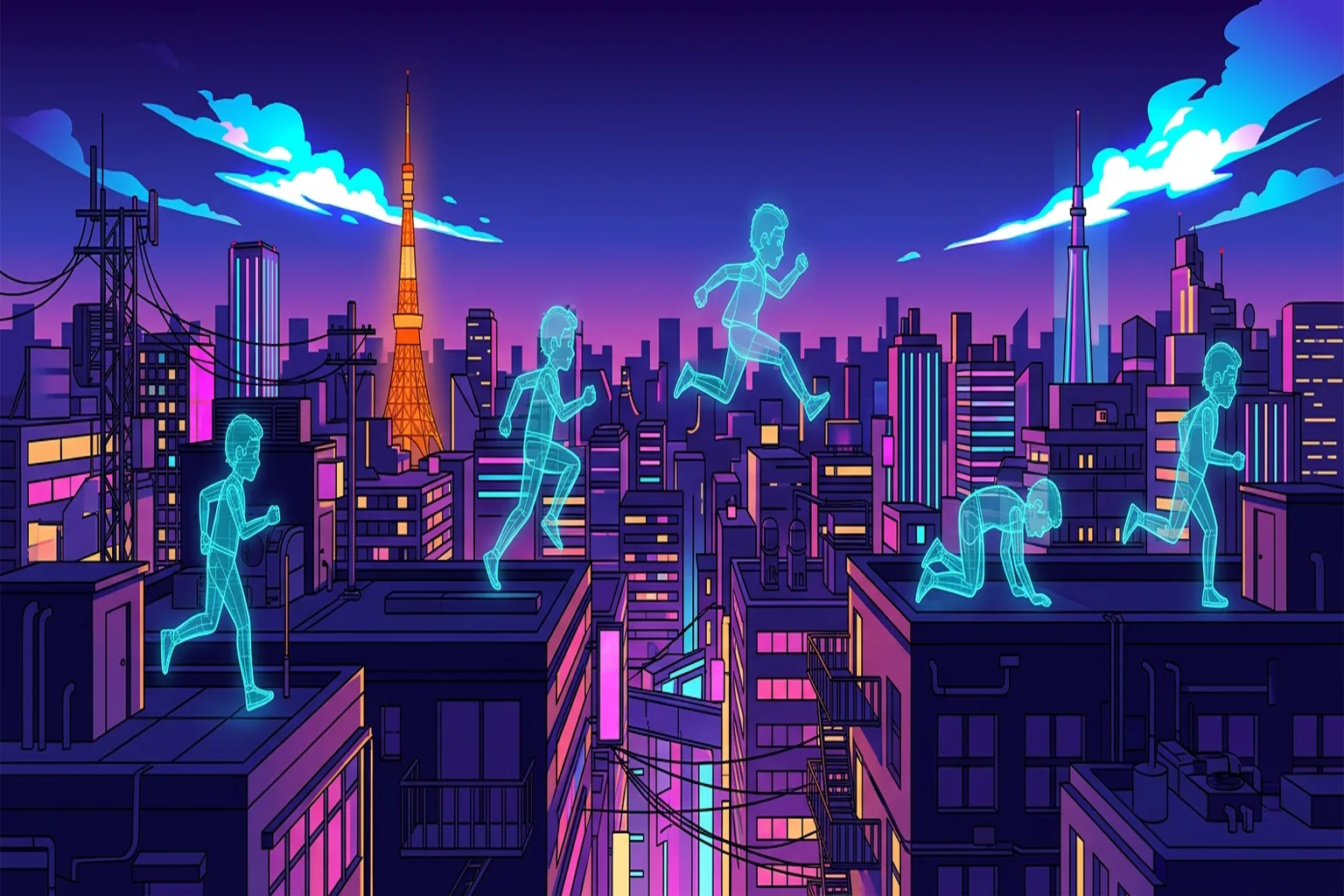 Translucent cyan wireframe runners scattered across a neon rooftop skyline at different distances, some mid-jump and some fallen, representing a population of agents attempting the same district.