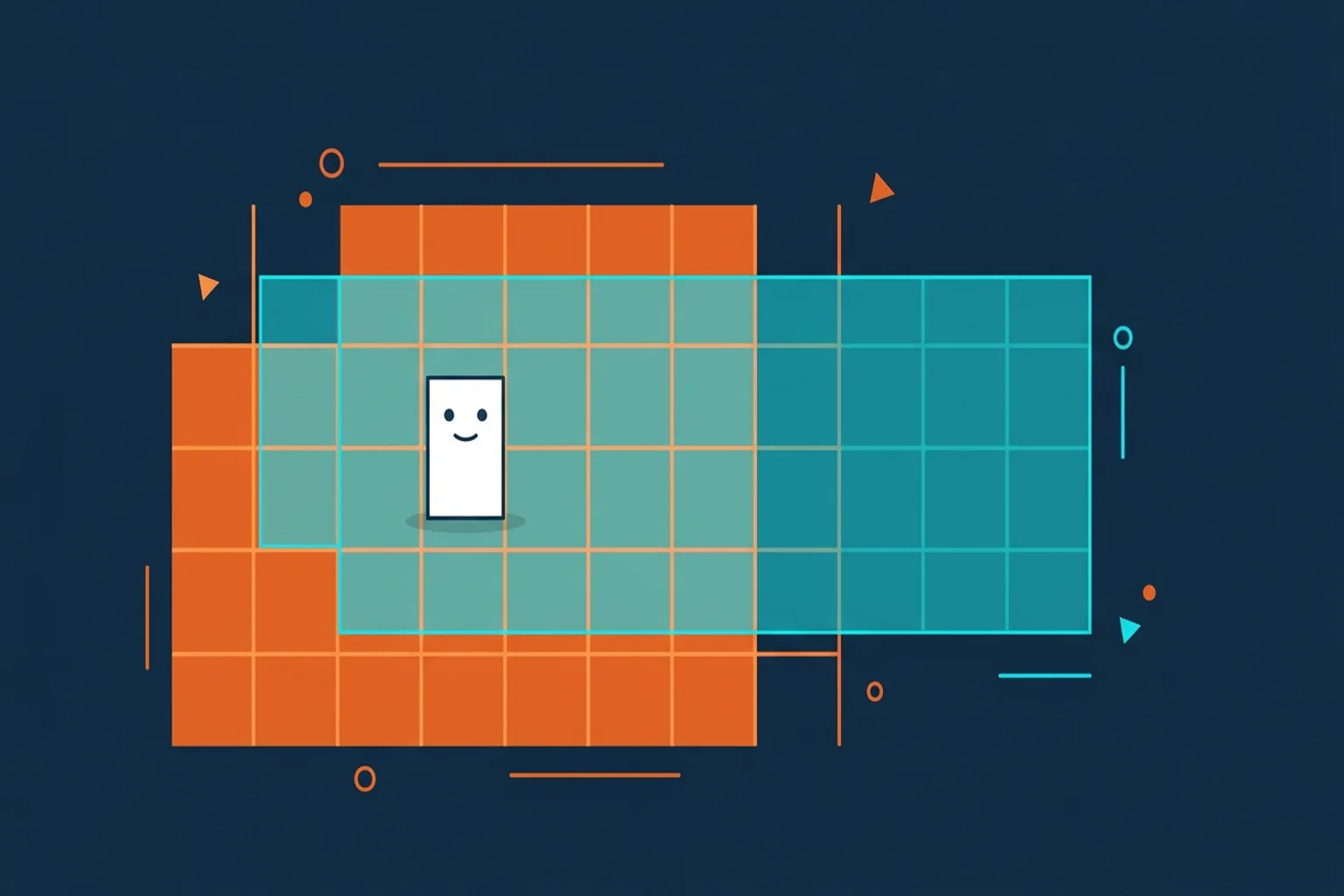 A small rectangular player on a tile grid with a translucent sensing window overlaid, reaching two tiles behind and nine tiles ahead, four above and four below.