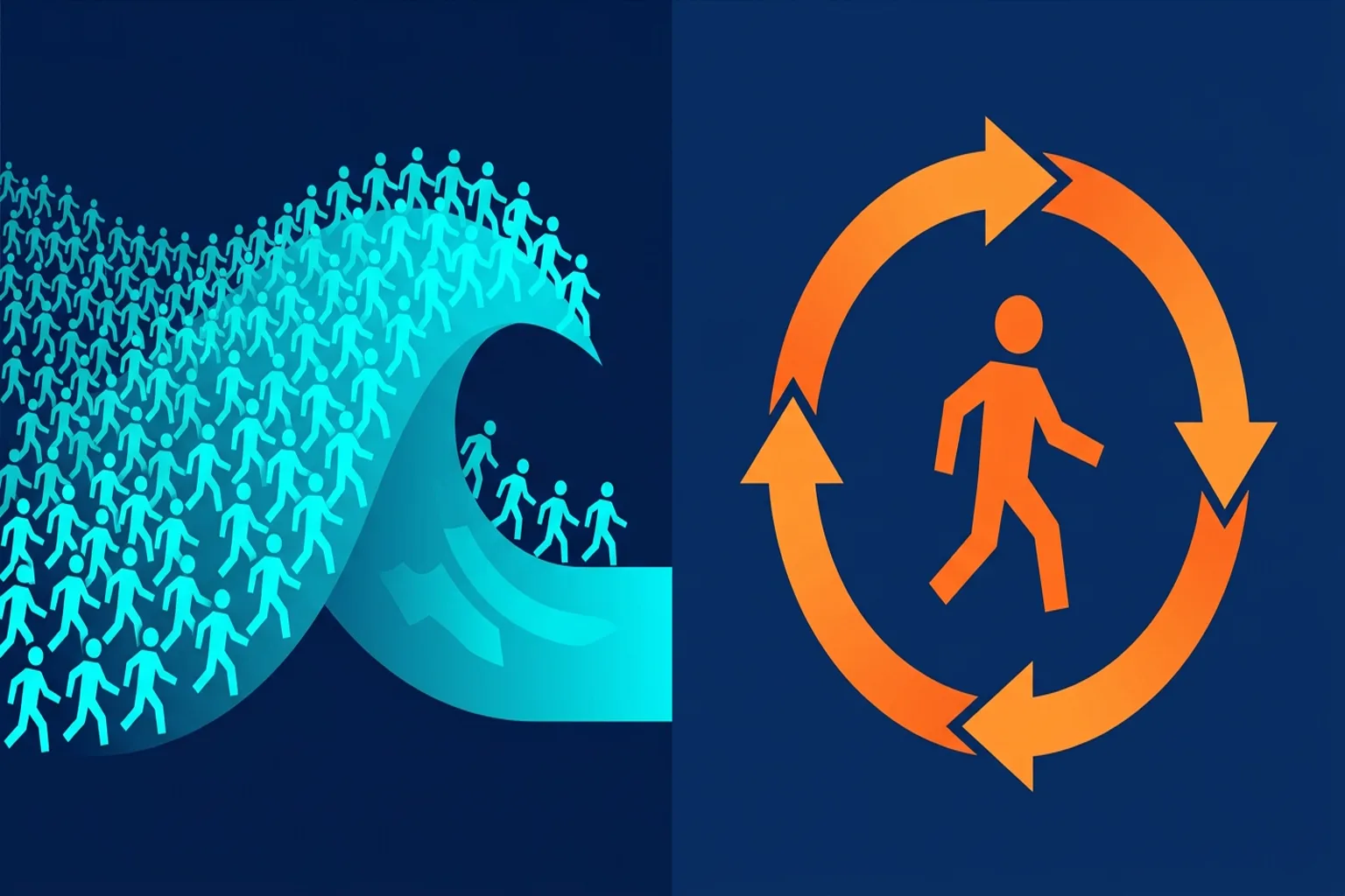 Two abstract training processes side by side: a wave of many identical figures advancing together, and a single figure with a feedback loop returning into itself.