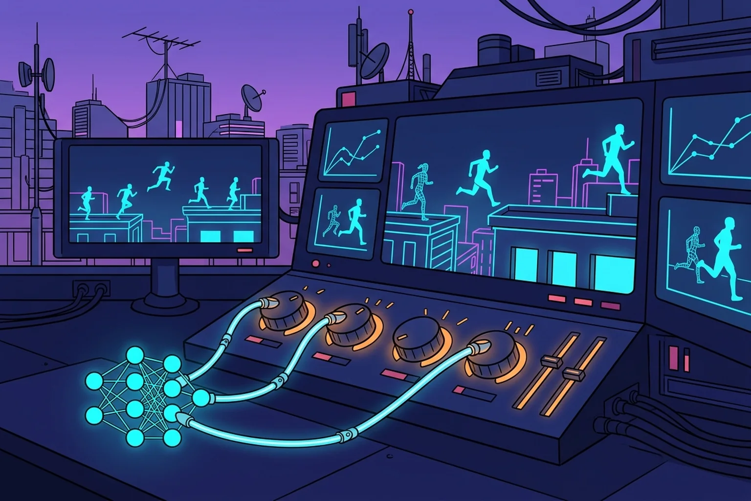 A small glowing cyan neural network connected by cables to orange-lit knobs and sliders on a dark training console, surrounded by screens showing cyan runner silhouettes jumping across neon city rooftops.