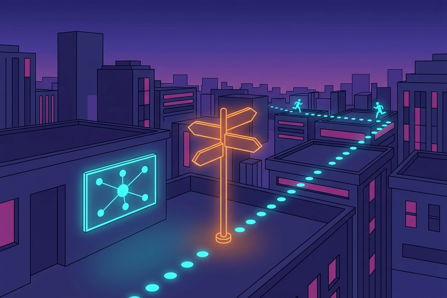 A flat vector illustration of a neon rooftop plaza at dusk in a stylised city: a glowing orange signpost with blank arrow plates points in three directions, a cyan directory board on a wall shows a hub-and-spoke node graph, and a trail of glowing cyan waypoint dots leads across three rooftops where small cyan runner silhouettes stand.